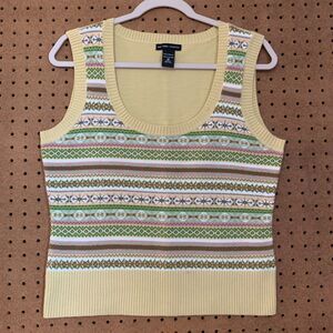 Y2K Sweater Vest Fair Isles NY & Co Cropped Pastel Preppy Cottage Knit Yellow M